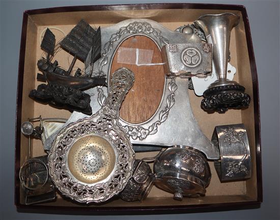 A Chinese white metal photograph frame by Zee Shun and ten other items of mainly Chinese white metal items.